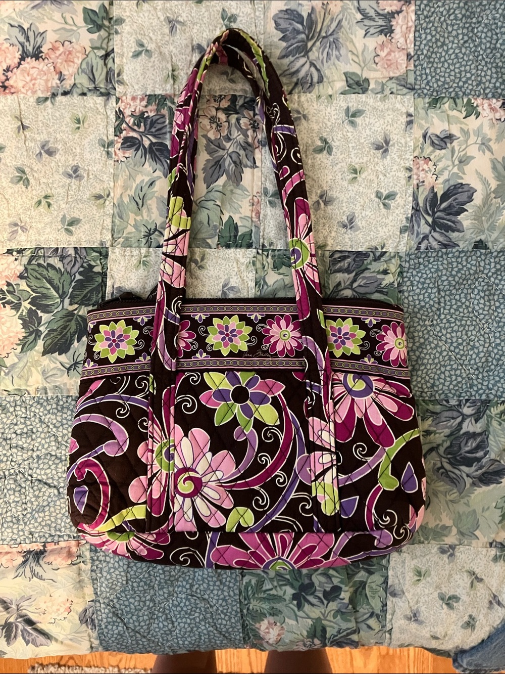 Vera Bradley Quilted Floral Tote in Purple and Pink with Lime Accents
